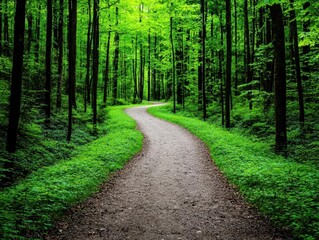 Fototapeta premium Path through a peaceful forest, dense trees forming a natural canopy, eco-friendly retreat