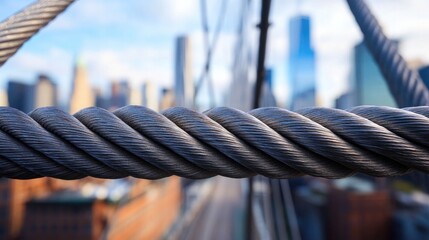 Close-up of steel cables on a suspension bridge, with the city skyline in the background.