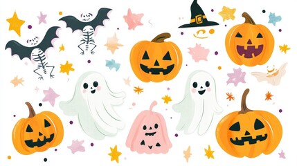 Cute Halloween clipart illustrations featuring various icons like pumpkins, skeletons, and ghosts in pastel colors on an isolated background
