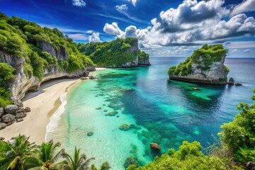 Obraz premium A Picturesque Beach With Crystal-Clear Azure Waters, White Sandy Shores, And Sheer Limestone Cliffs Jutting Out Into The Sea