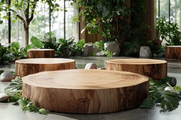 Fototapeta premium Rustic wooden tree stumps in lush outdoor garden, nature and natural decor concept