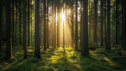 Fototapeta premium Majestic forest with towering trees, sunlight filtering through the canopy, peaceful and quiet