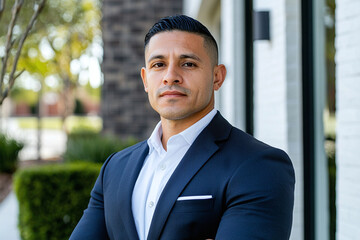 a Latino real estate agent standing outside a property he manages