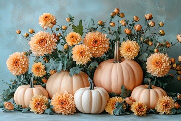 Charming Halloween arrangement of peach-orange pumpkins and yellow chrysanthemums on a white surface, perfect for seasonal decor and cozy ambiance, with copy space.