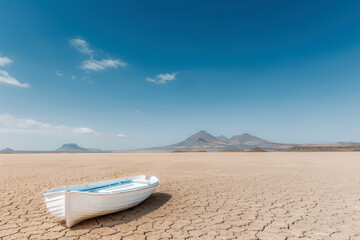 Abandoned boat on dry cracked desert landscape