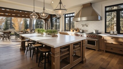 A large kitchen with a white countertop and wooden cabinets