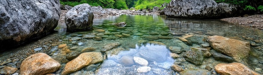 A serene river scene featuring clear water flowing over smooth stones surrounded by lush greenery and rugged rocks.