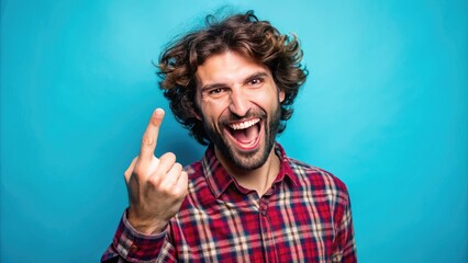 A playful, carefree individual expresses defiance and cheeky humor by extending their middle finger in a lighthearted, animated gesture, conveying a sense of playful rebellion.