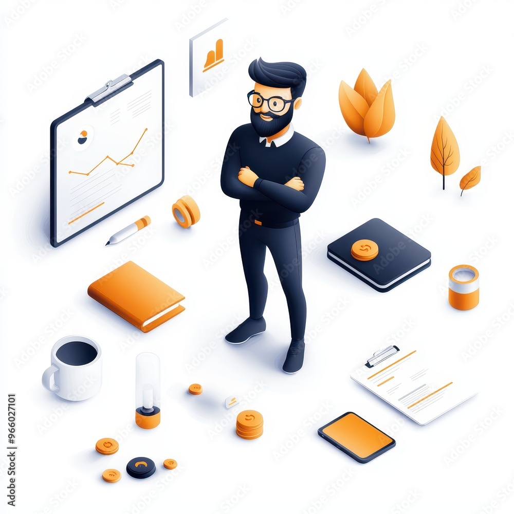 Poster a confident businessman surrounded by tools of productivity and analytics in a modern, vibrant works