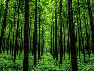 Fototapeta premium Tall trees with vines and moss, forest floor covered in greenery, eco-friendly atmosphere
