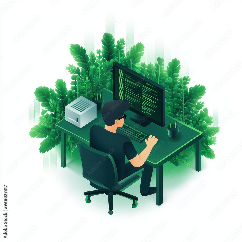 Poster A digital illustration of a programmer working at a desk surrounded by greenery, blending technology and nature harmoniously.