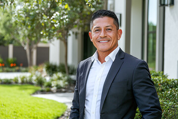 a Latino real estate agent standing outside a property he manages