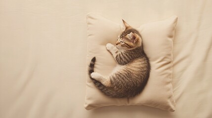 Obraz premium Serene Cat Lounging on Plush Pillow in Tranquil Cream Setting, Exuding Comfort and Relaxation