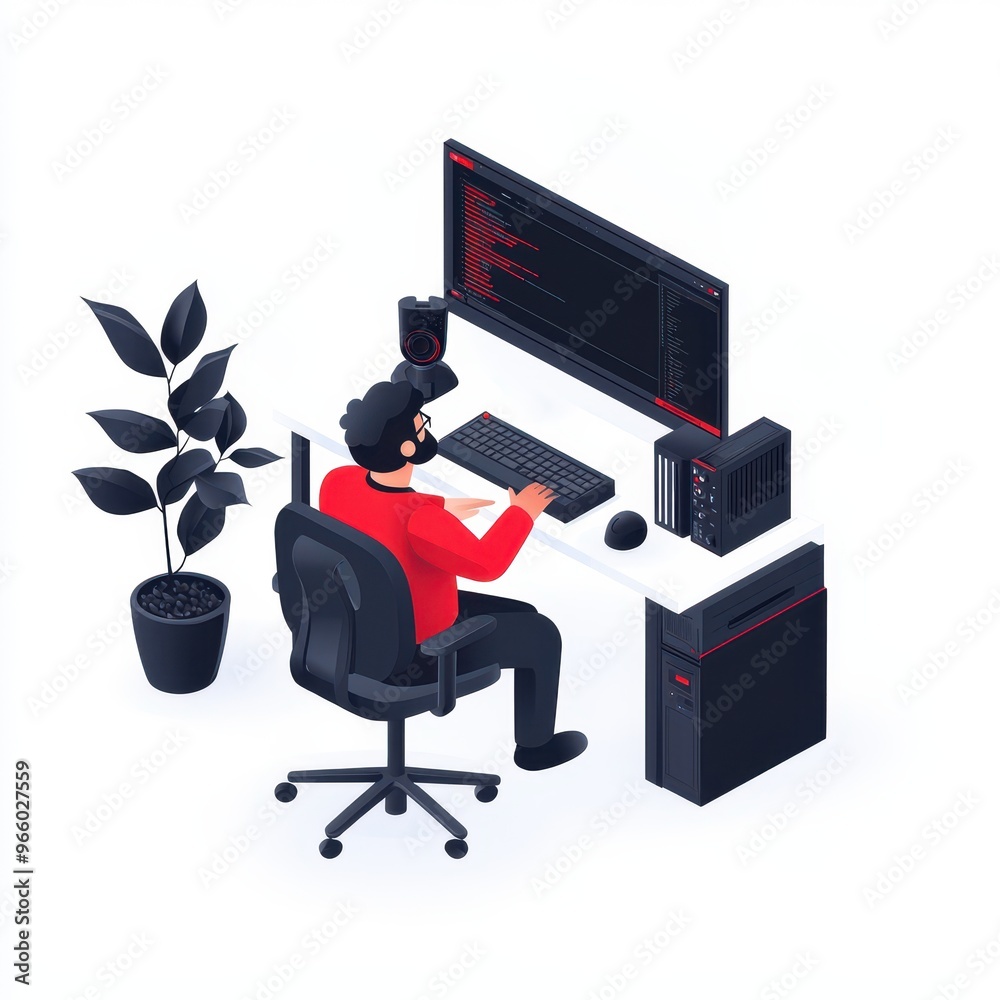 Poster a focused individual programming at a modern desk with vibrant plants, showcasing a tech-savvy works