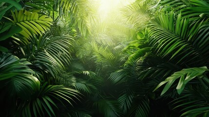 Green jungle canopy, exotic trees, mist rising, sunlight filtering through, serene atmosphere