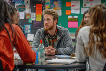 Obraz premium Young Adults Engaging in Group Discussion in Colorful Classroom Setting