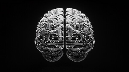Naklejka premium Intricate Human Brain Interwoven with Digital Circuits, Conveying the Complexity of Cognition, Against a Profound Black Background