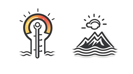 Fototapeta premium Elegant Thermometer Icons in Wave and Mountain Symbols - Vector Line Art on White Background