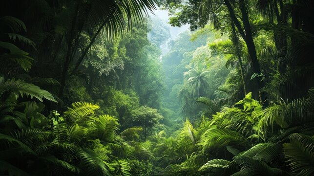 Tropical Jungle With Green Towering Palm Trees