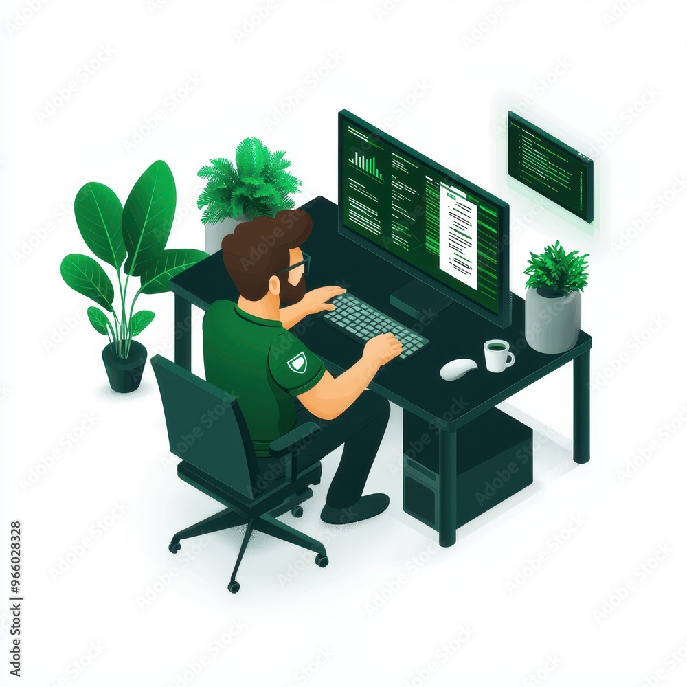 Aufkleber A person working at a desk with plants, using a computer to code or analyze data in a modern workspace setting.