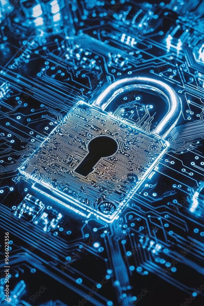 Aufkleber Lock icon illustrating cyber security of digital data network protection. High speed network data analysis concept. Background picture of data network technology conveying connectivity.