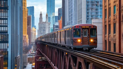 Obraz premium The elevated train in Chicago crossing a bridge, with downtown buildings in the background, isolated scene.