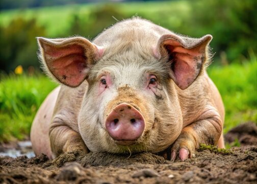 A rotund pig with a wrinkled face, smudged nose, and muddy coat lies on its side, snout pointed towards a trampled patch of grass.