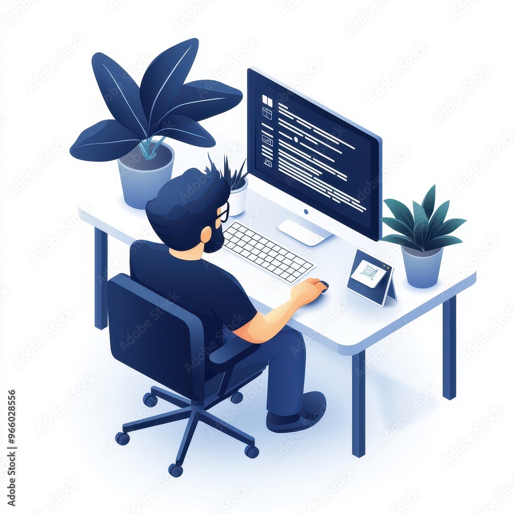 Poster A stylish workspace with a person sitting at a desk, coding on a computer, surrounded by plants and modern decor.