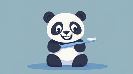 Obraz premium Playful cartoon panda holding a toothbrush, showcasing