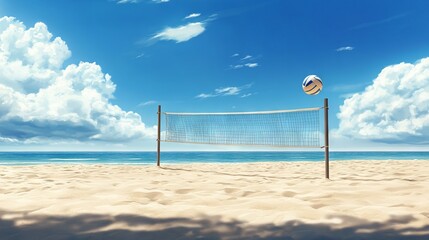Beach Volleyball Court with Blue Sky and Sea Background - AI generated illustration