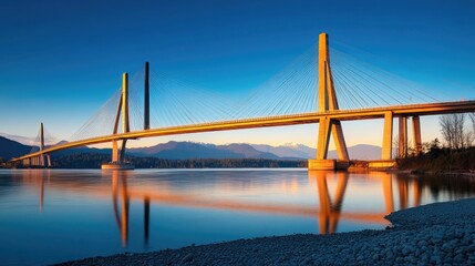 Obraz premium The Golden Ears Bridge spanning the Fraser River, connecting Maple Ridge to Langley, bathed in golden light against a clear blue sky.