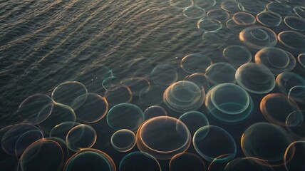 Obraz premium Bubbles floating gracefully above a serene water surface during golden hour, creating a tranquil and mesmerizing view