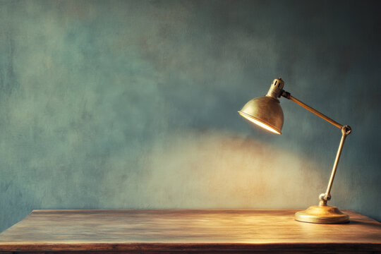 White desk lamp on empty wooden table with copy space. Minimalistic workspace interior