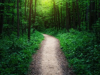 Fototapeta premium Pathway through a dense forest, canopy overhead, soft sunlight, peaceful and quiet