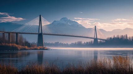 Obraz premium The majestic Golden Ears Bridge in Vancouver, showcasing its engineering against the backdrop of the Fraser River.