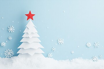 Papercraft Christmas Tree with Red Star on Blue Background