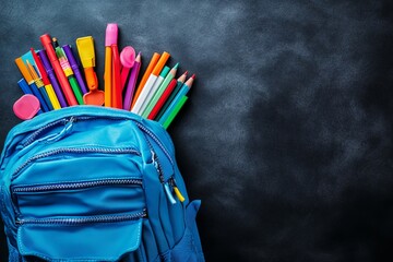 Blue Backpack with Colorful School Supplies in Flat Lay Top View - AI generated illustration