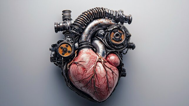 A Surreal Fusion: Human Heart Harmonizes with Metallic Machinery in a Captivating Comparison of Vital Mechanisms