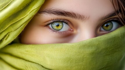 Fototapeta premium Closeup of the bright hazel eyes of a girl with her face wrapped in a lime green scarf generative ai