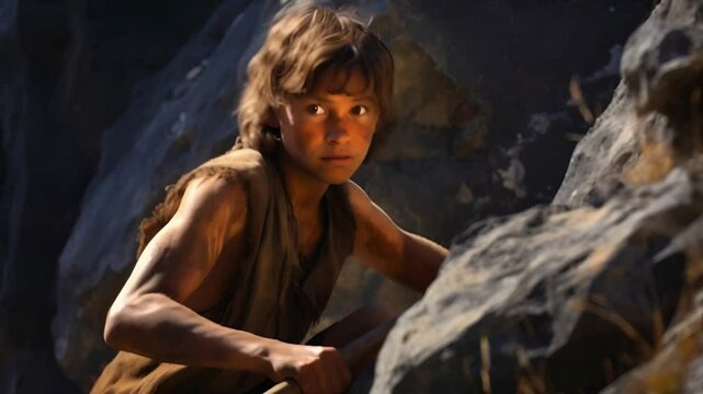 A young Australopithecus boy explores and plays among ancient rocks, surrounded by a prehistoric landscape, discovering his world