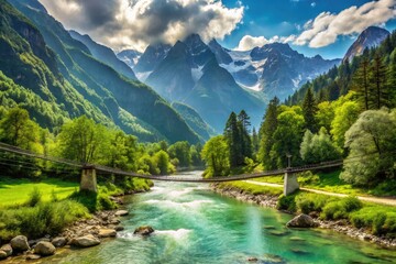 A Serene River Flowing Through A Lush Green Valley, With Towering Mountains And A Suspension Bridge In The Distance.