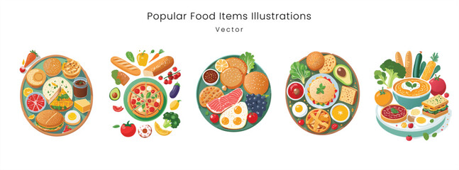 Popular Food Items Vector Set with Burgers, Pizza, and Breakfast Dishes