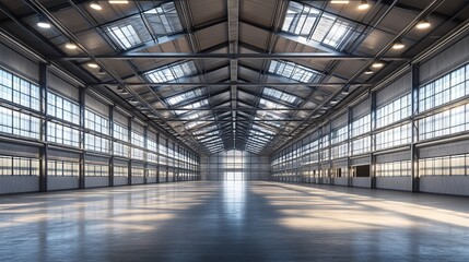 Empty Modern Warehouse with High Ceilings and LED Lighting - AI generated illustration.