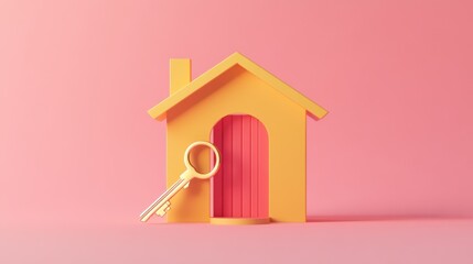 3D illustration of a key unlocking a gift house, symbolizing dreams and homeownership. Minimalistic design with a focus on the key and house elements.