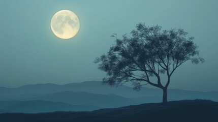 Serene landscape featuring a tree and a glowing moon in the background. Minimalistic design evoking calmness and tranquility, perfect for nature-related themes.