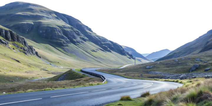 Winding mountain road through grassy hills PNG , on white background.AI GENERATED