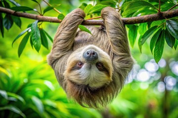 Fototapeta premium A Sleepy Sloth Hangs Upside Down On A Tree Branch With Lush Green Leaves, Creating A Serene And Exotic Scene.