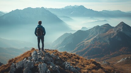 A lone traveler stands on a mountain peak, gazing at breathtaking landscapes and serene valleys in the early morning light.