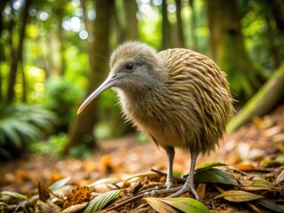 Fototapeta premium A small, flightless kiwi bird stands upright on a forest floor, its soft, fluffy feathers and long beak a testament to its unique, endearing characteristics.
