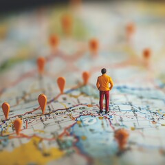 A miniature figure standing on a detailed map amidst vibrant location markers, symbolizing adventure and exploration.